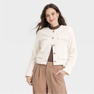 A New Day Womens Cream Tweed Cropped Ladies Jacket Gold Button Pockets